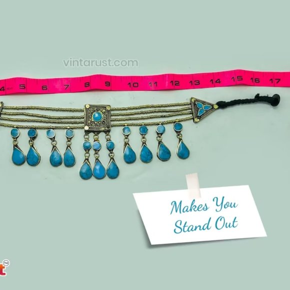 Tribal Stone Choker Necklace, Afghan Ethnic Choker, Tribal Necklace, Ethnic Jewe - Picture 5 of 6